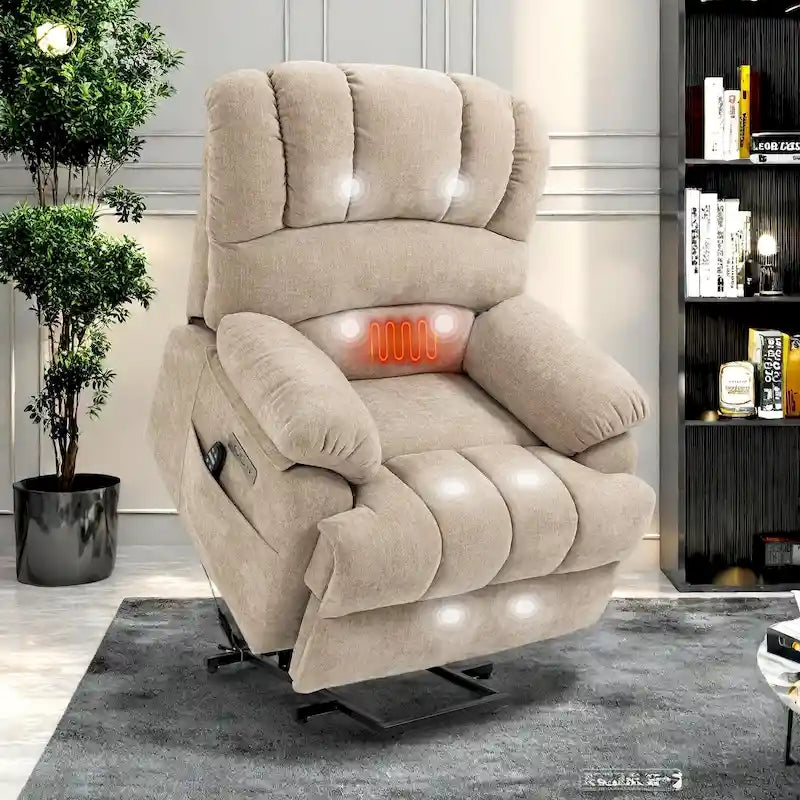Übergroßer Chenille-Sessel mit elektrischem Aufstehlift, Massagefunktion, beheizbarer Lendenstütze und USB-Ladeanschluss