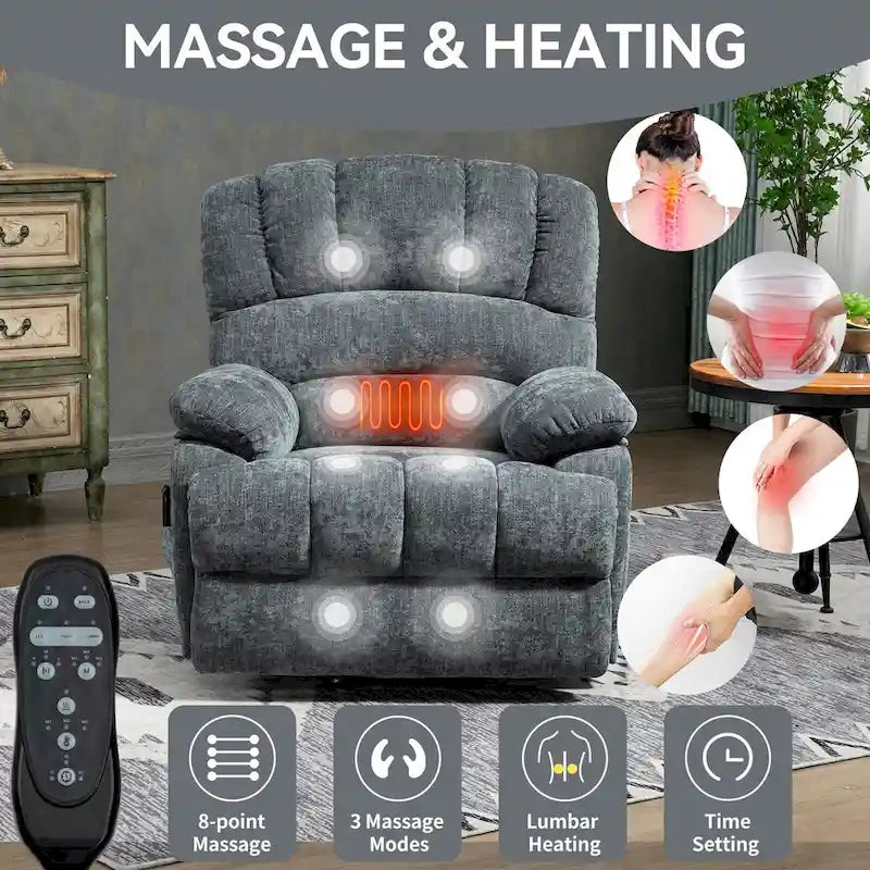 Übergroßer Chenille-Sessel mit elektrischem Aufstehlift, Massagefunktion, beheizbarer Lendenstütze und USB-Ladeanschluss