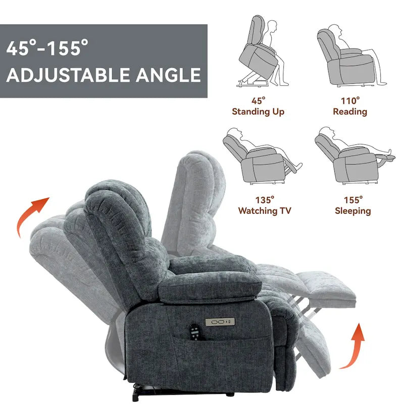 Übergroßer Chenille-Sessel mit elektrischem Aufstehlift, Massagefunktion, beheizbarer Lendenstütze und USB-Ladeanschluss