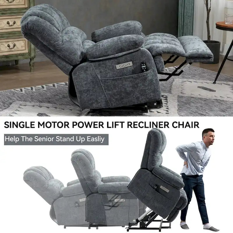 Übergroßer Chenille-Sessel mit elektrischem Aufstehlift, Massagefunktion, beheizbarer Lendenstütze und USB-Ladeanschluss