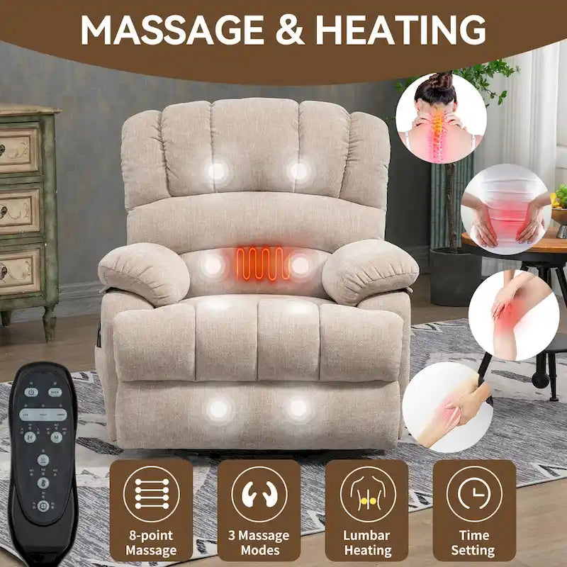 Übergroßer Chenille-Sessel mit elektrischem Aufstehlift, Massagefunktion, beheizbarer Lendenstütze und USB-Ladeanschluss