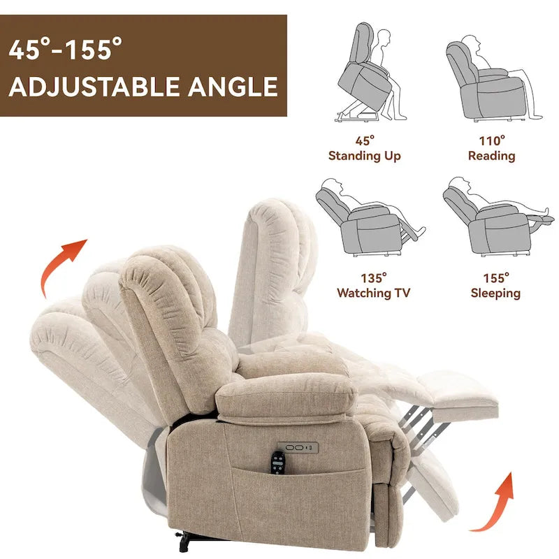Übergroßer Chenille-Sessel mit elektrischem Aufstehlift, Massagefunktion, beheizbarer Lendenstütze und USB-Ladeanschluss