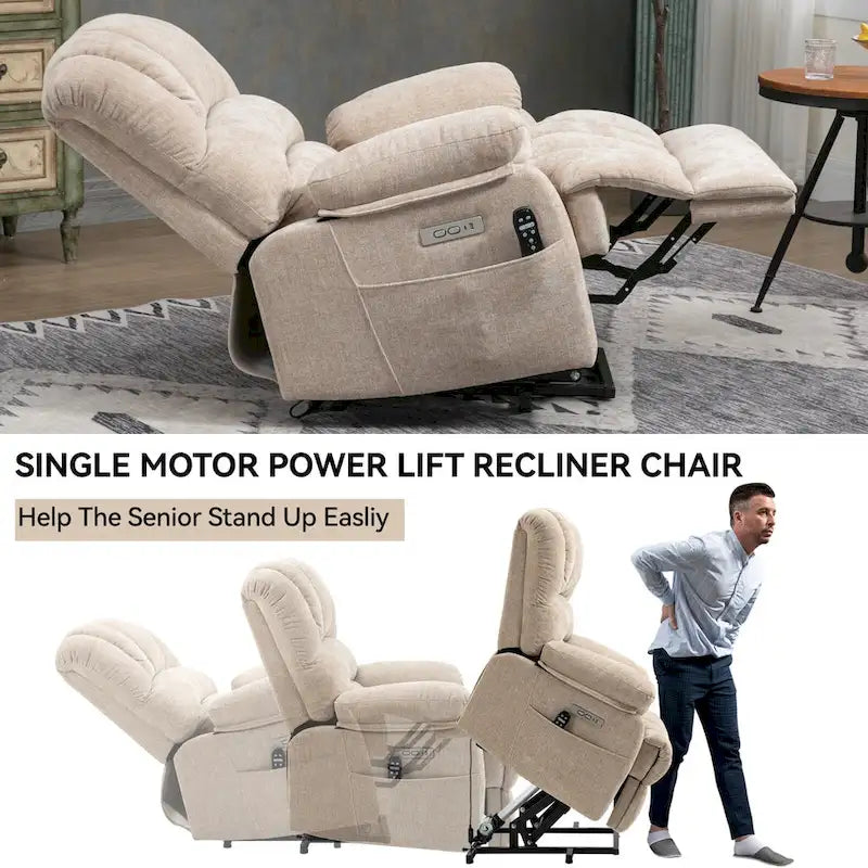 Übergroßer Chenille-Sessel mit elektrischem Aufstehlift, Massagefunktion, beheizbarer Lendenstütze und USB-Ladeanschluss