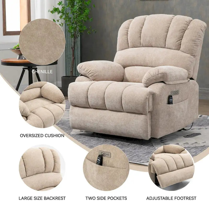 Übergroßer Chenille-Sessel mit elektrischem Aufstehlift, Massagefunktion, beheizbarer Lendenstütze und USB-Ladeanschluss