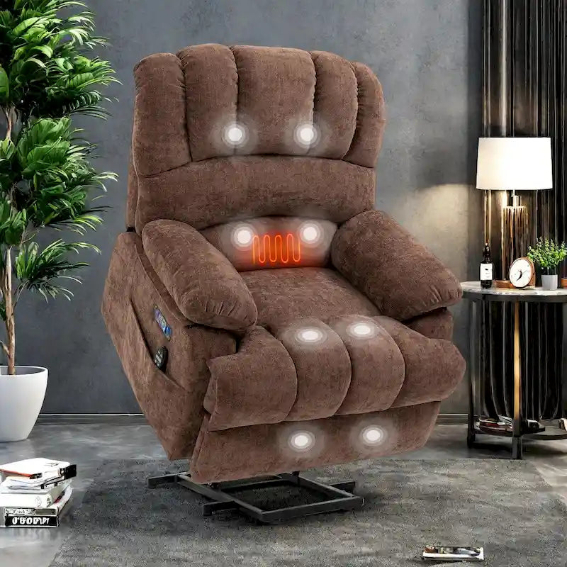 Übergroßer Chenille-Sessel mit elektrischem Aufstehlift, Massagefunktion, beheizbarer Lendenstütze und USB-Ladeanschluss