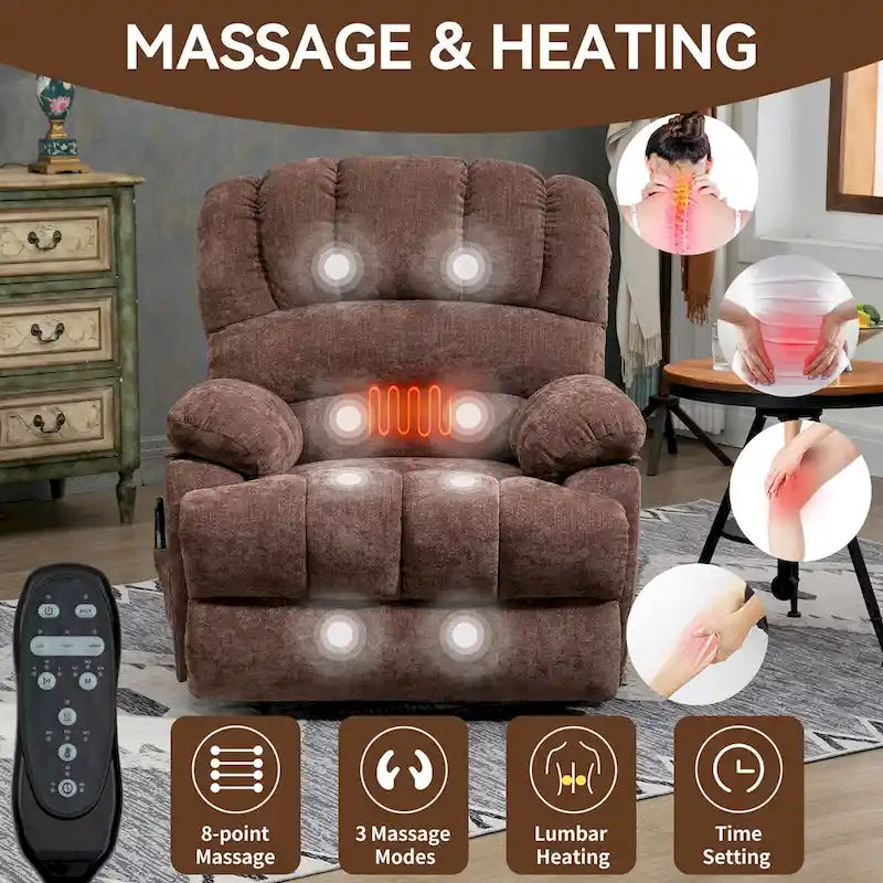 Übergroßer Chenille-Sessel mit elektrischem Aufstehlift, Massagefunktion, beheizbarer Lendenstütze und USB-Ladeanschluss