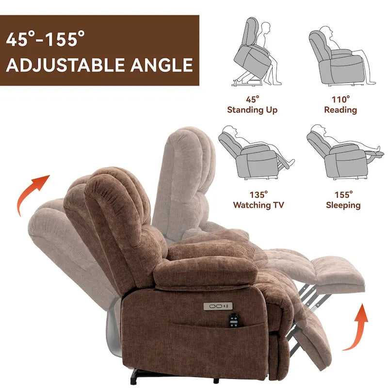 Übergroßer Chenille-Sessel mit elektrischem Aufstehlift, Massagefunktion, beheizbarer Lendenstütze und USB-Ladeanschluss
