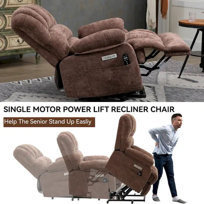 Übergroßer Chenille-Sessel mit elektrischem Aufstehlift, Massagefunktion, beheizbarer Lendenstütze und USB-Ladeanschluss
