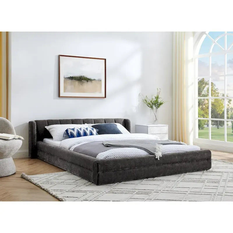 Gepolstertes Plattformbett in Queensize mit dickem Chenille-Stoff, stabilem Rahmen und Kopfteil, DUNKELGRAU