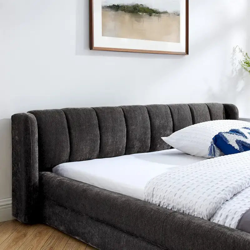 Gepolstertes Plattformbett in Queensize mit dickem Chenille-Stoff, stabilem Rahmen und Kopfteil, DUNKELGRAU