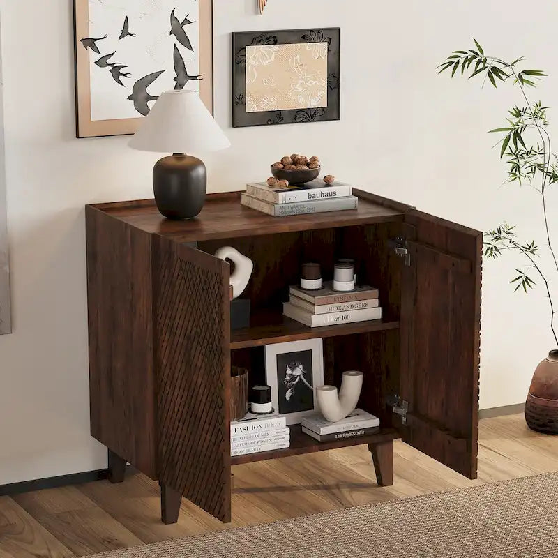 Meuble d'appoint en bois rustique, design cannelé, étagère réglable, rangement