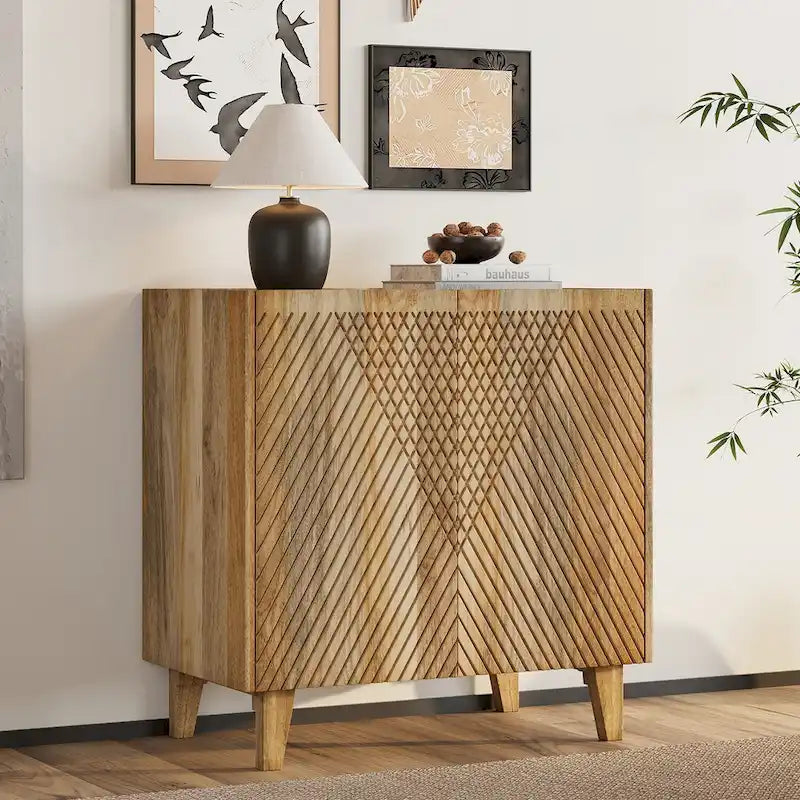 Meuble d'appoint en bois rustique, design cannelé, étagère réglable, rangement