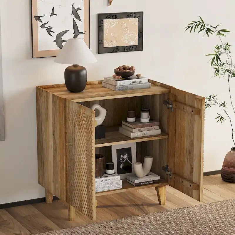 Meuble d'appoint en bois rustique, design cannelé, étagère réglable, rangement