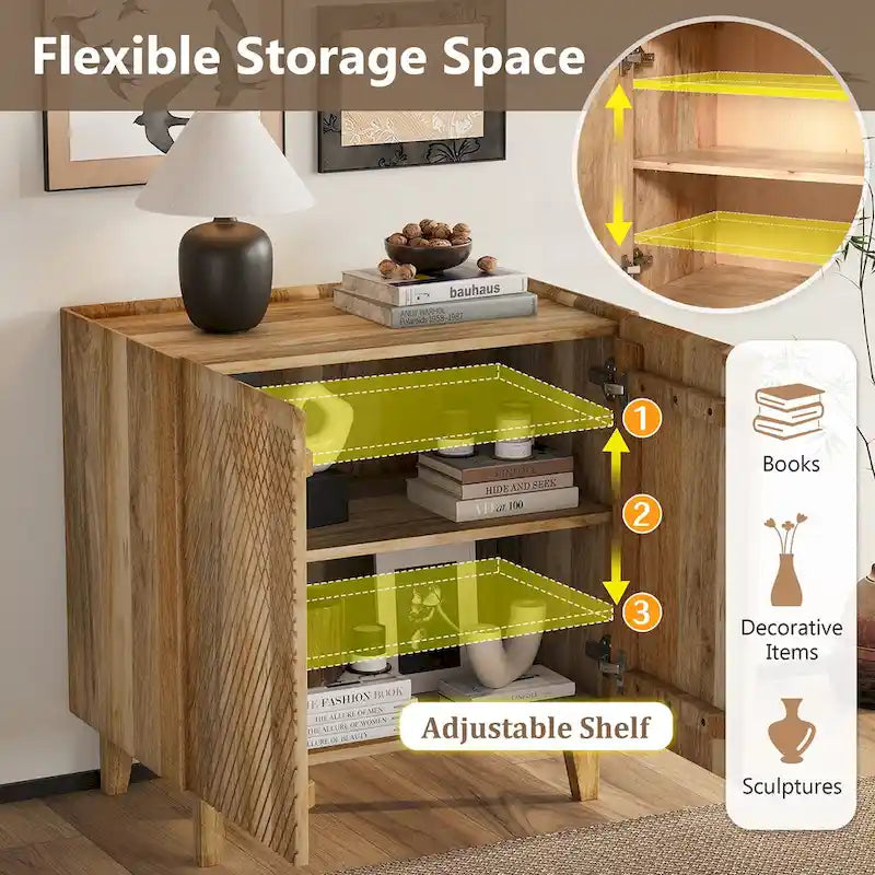 Meuble d'appoint en bois rustique, design cannelé, étagère réglable, rangement