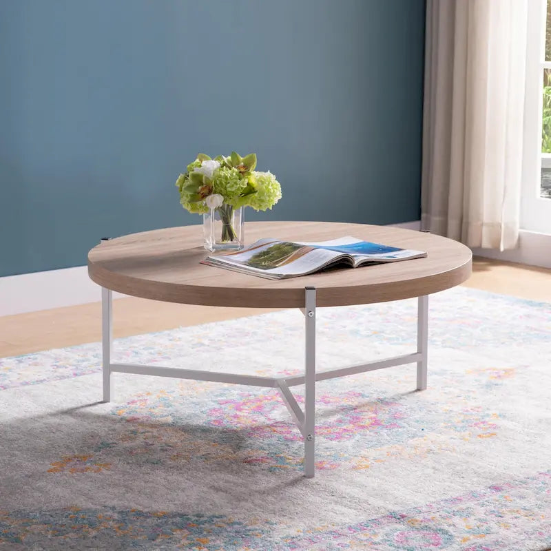 36.5 Moderner runder Couchtisch mit Holzplatte und eleganter Edelstahlbasis für das Wohnzimmer - 36.5L x 36.5W x 16.5H