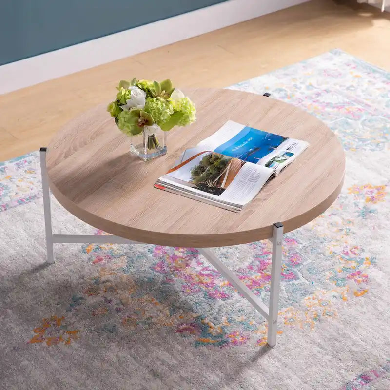 36.5 Moderner runder Couchtisch mit Holzplatte und eleganter Edelstahlbasis für das Wohnzimmer - 36.5L x 36.5W x 16.5H