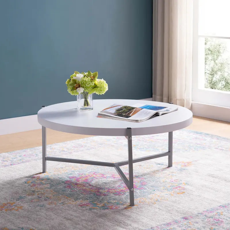 36.5 Moderner runder Couchtisch mit Holzplatte und eleganter Edelstahlbasis für das Wohnzimmer - 36.5L x 36.5W x 16.5H