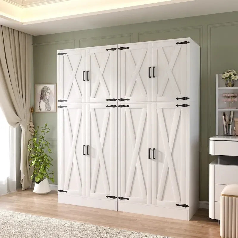 Armoire en bois avec portes de grange, meuble de rangement style maison de campagne avec tringle