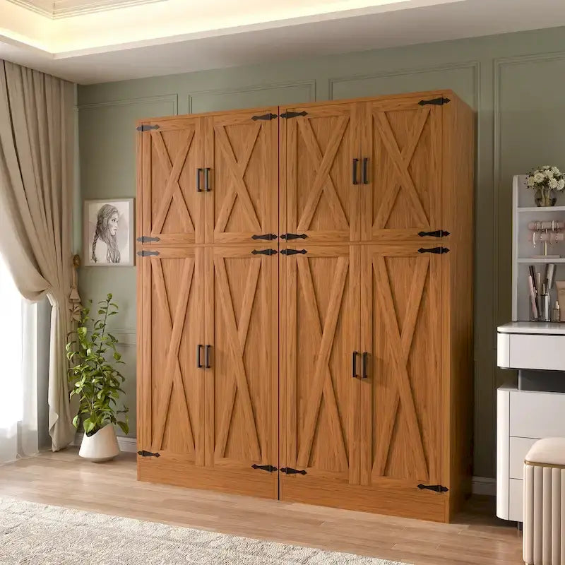 Armoire en bois avec portes de grange, meuble de rangement style maison de campagne avec tringle