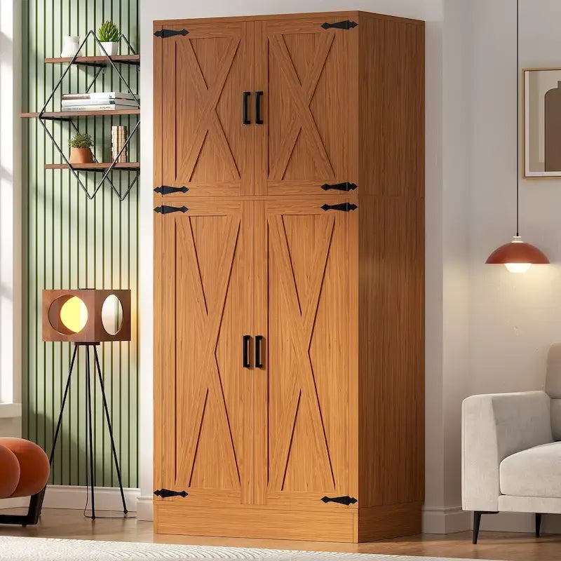 Armoire en bois avec portes de grange, meuble de rangement style maison de campagne avec tringle