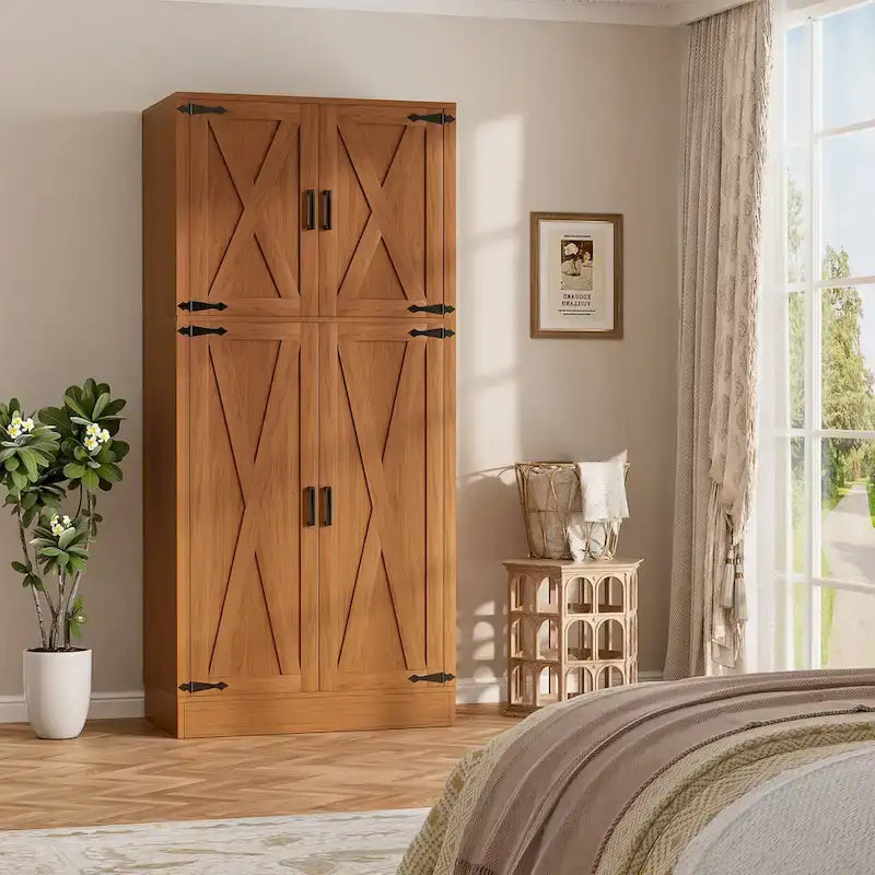 Armoire en bois avec portes de grange, meuble de rangement style maison de campagne avec tringle