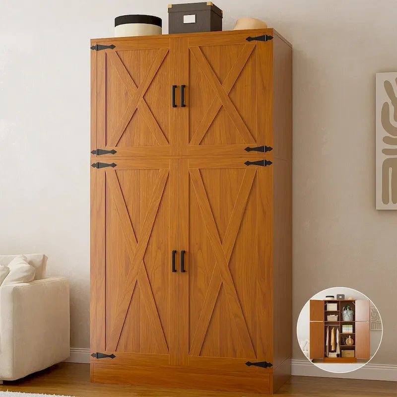 Armoire en bois avec portes de grange, meuble de rangement style maison de campagne avec tringle