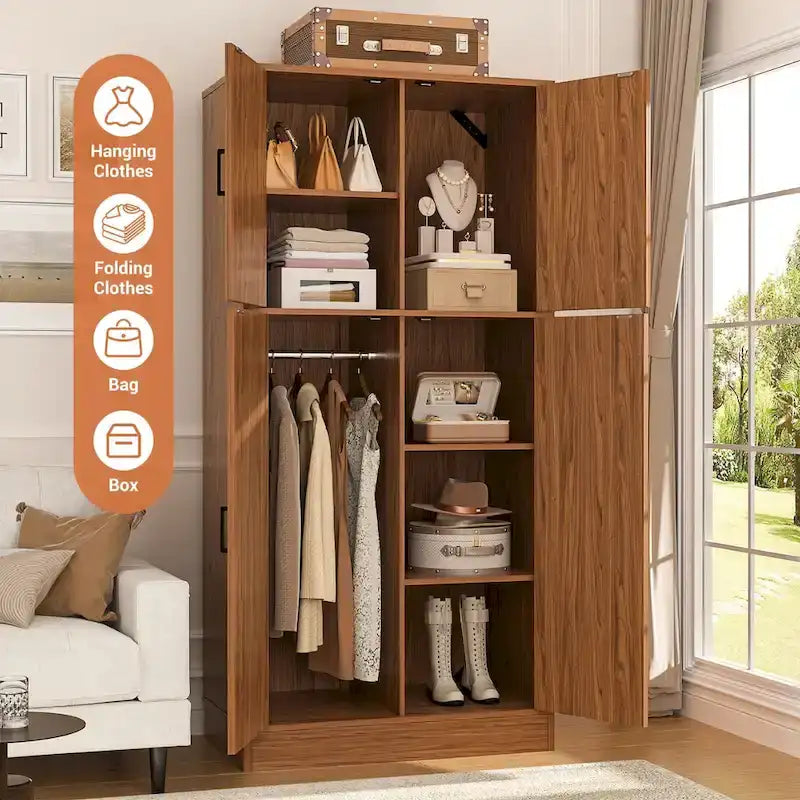 Armoire en bois avec portes de grange, meuble de rangement style maison de campagne avec tringle
