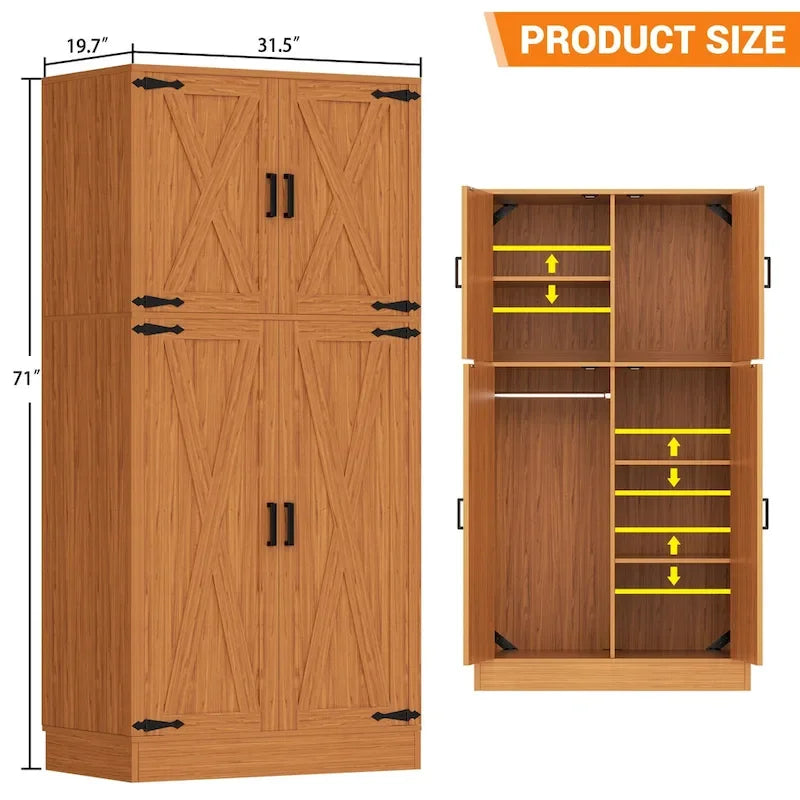 Armoire en bois avec portes de grange, meuble de rangement style maison de campagne avec tringle