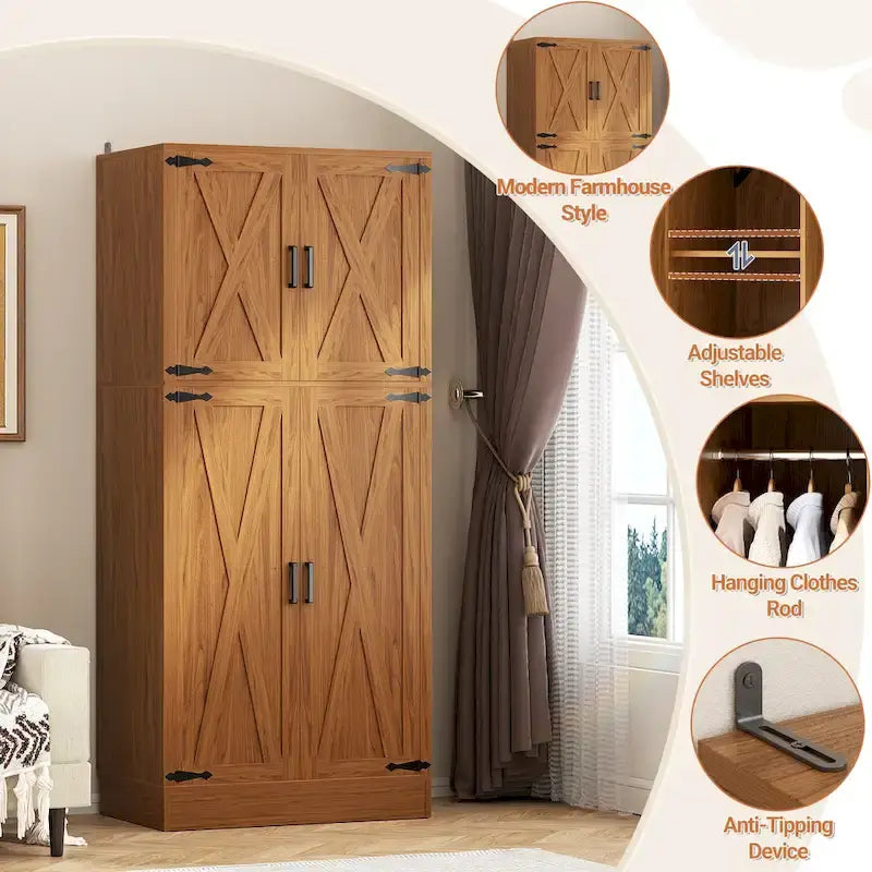 Armoire en bois avec portes de grange, meuble de rangement style maison de campagne avec tringle
