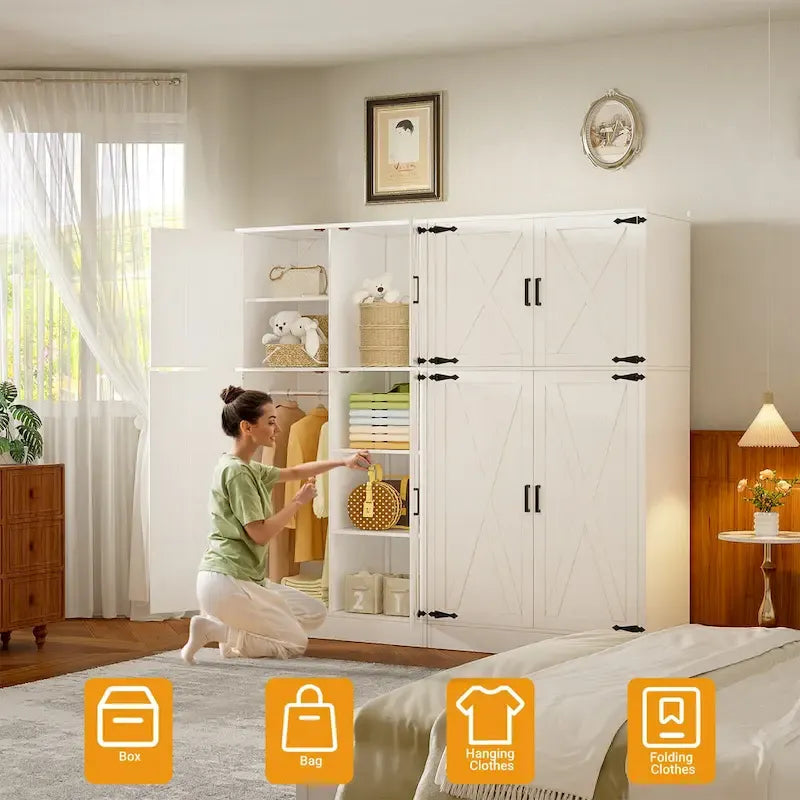 Armoire en bois avec portes de grange, meuble de rangement style maison de campagne avec tringle