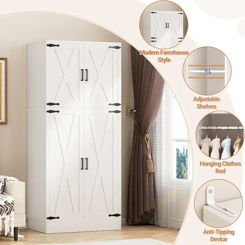Armoire en bois avec portes de grange, meuble de rangement style maison de campagne avec tringle