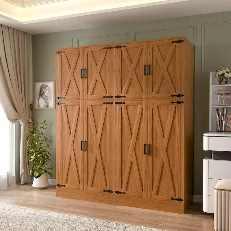 Armoire en bois avec portes de grange, meuble de rangement style maison de campagne avec tringle