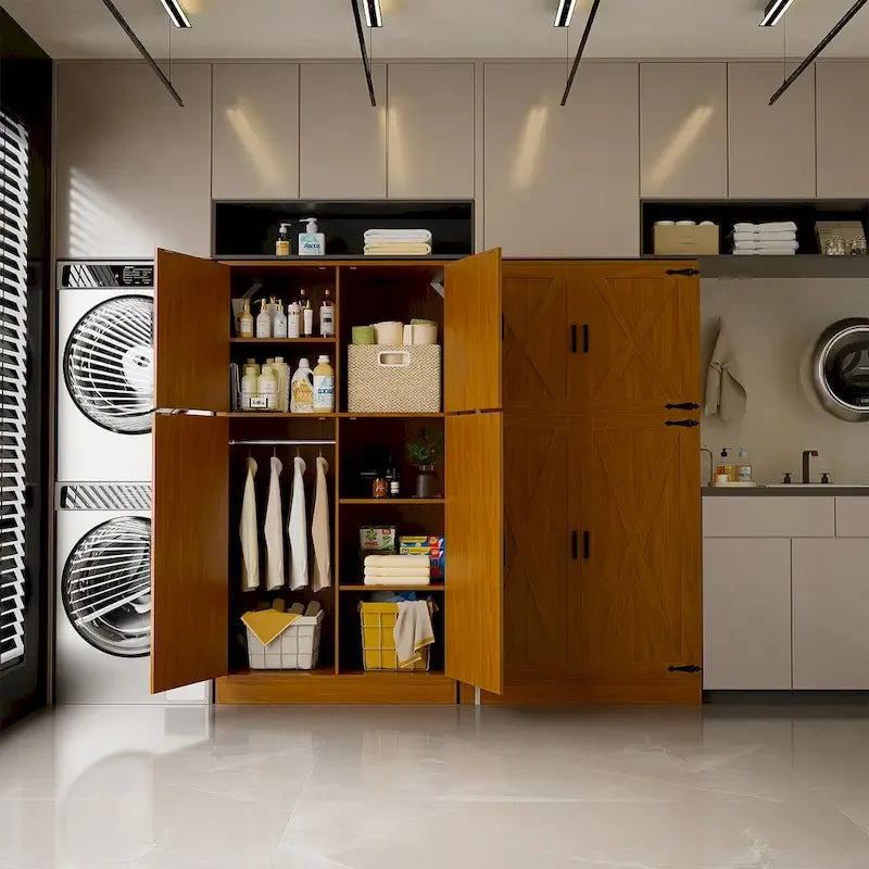 Armoire en bois avec portes de grange, meuble de rangement style maison de campagne avec tringle