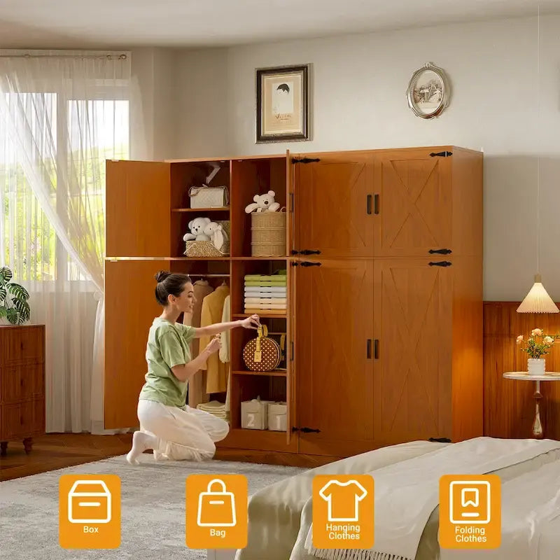Armoire en bois avec portes de grange, meuble de rangement style maison de campagne avec tringle