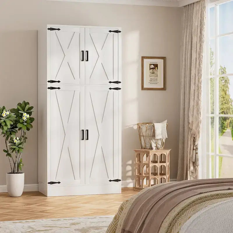 Armoire en bois avec portes de grange, meuble de rangement style maison de campagne avec tringle