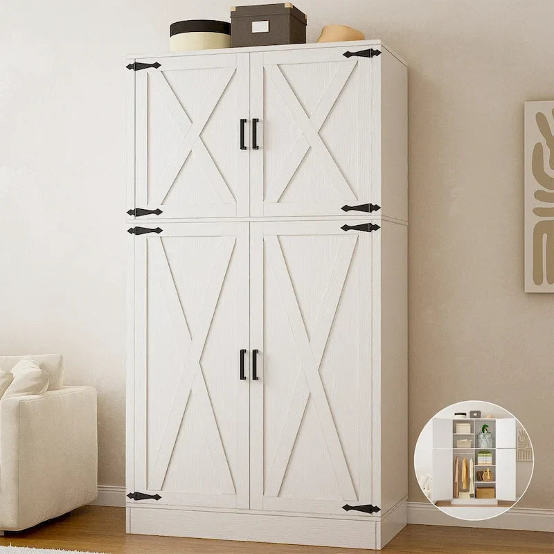 Armoire en bois avec portes de grange, meuble de rangement style maison de campagne avec tringle