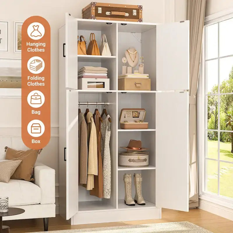 Armoire en bois avec portes de grange, meuble de rangement style maison de campagne avec tringle