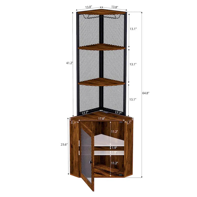 Eckregal mit Türen, 65 Eckschrank mit Regalböden und Weinglasablage, 6-stufiges Bücherregal mit Ausstellungsfächern für Ecken