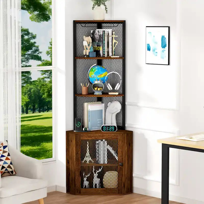 Eckregal mit Türen, 65 Eckschrank mit Regalböden und Weinglasablage, 6-stufiges Bücherregal mit Ausstellungsfächern für Ecken