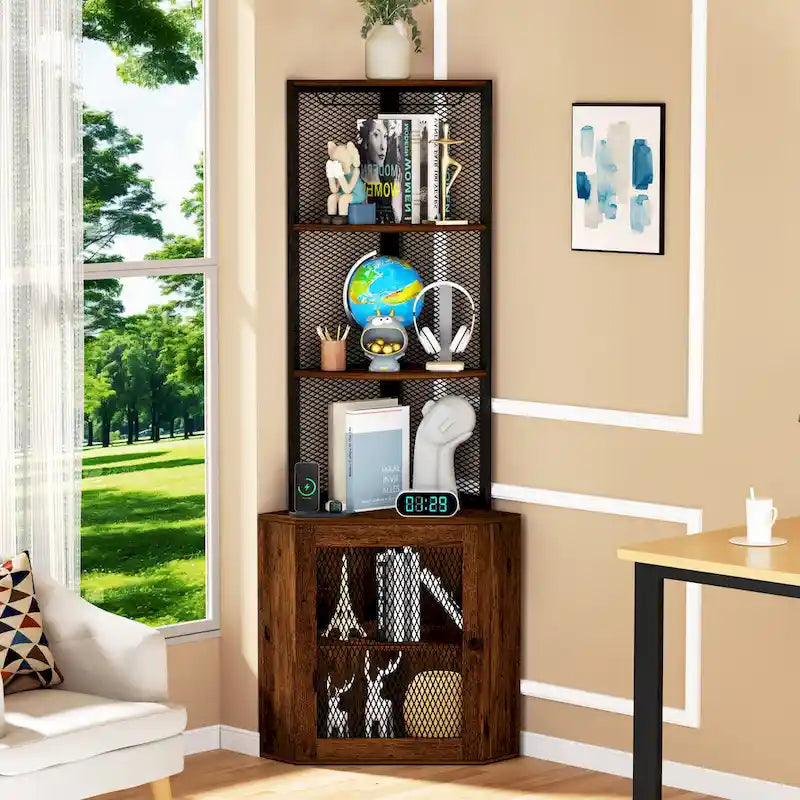 Eckregal mit Türen, 65 Eckschrank mit Regalböden und Weinglasablage, 6-stufiges Bücherregal mit Ausstellungsfächern für Ecken