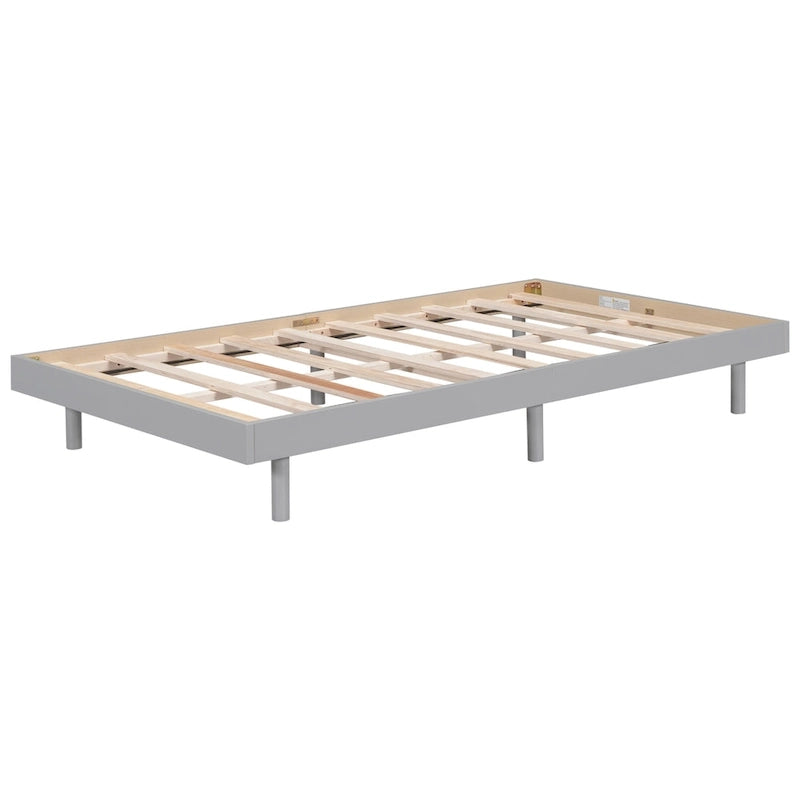 Cadre de lit plateforme flottant double gris en panneaux de particules avec pieds en bois d'hévéa