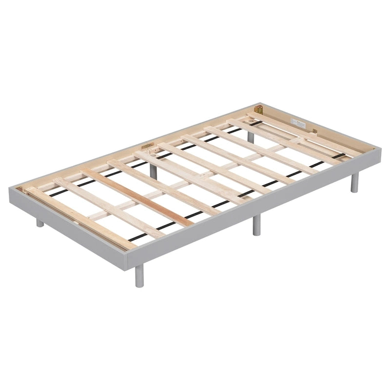 Cadre de lit plateforme flottant double gris en panneaux de particules avec pieds en bois d'hévéa