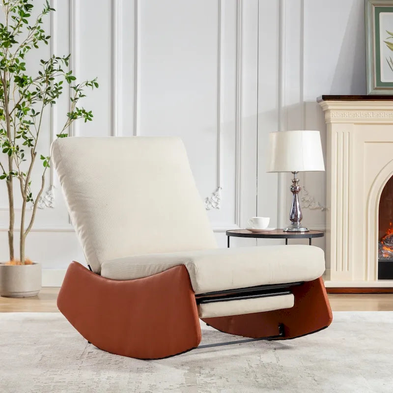 Fauteuil inclinable à bascule moderne rembourré en velours côtelé orange et beige, avec repose-pieds et pied en cuir PU, pour le salon ou la chambre