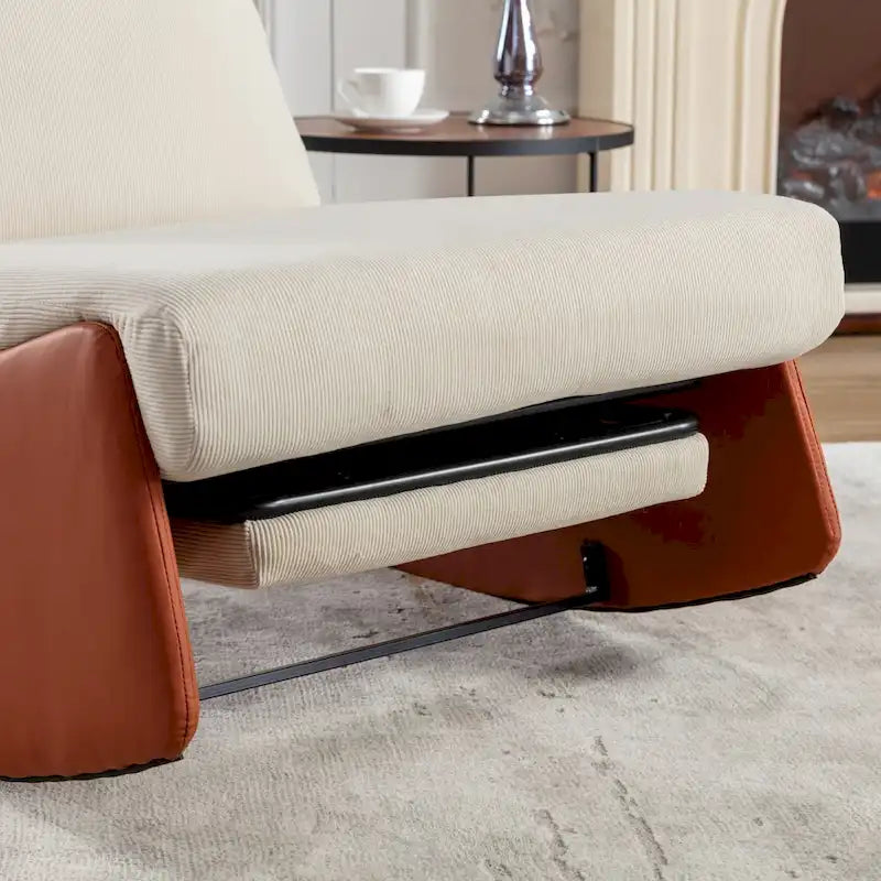 Moderner orange-beige gepolsterter Schaukel-Relaxsessel aus Cord mit Fußstütze und PU-Lederbein für Wohnzimmer und Schlafzimmer