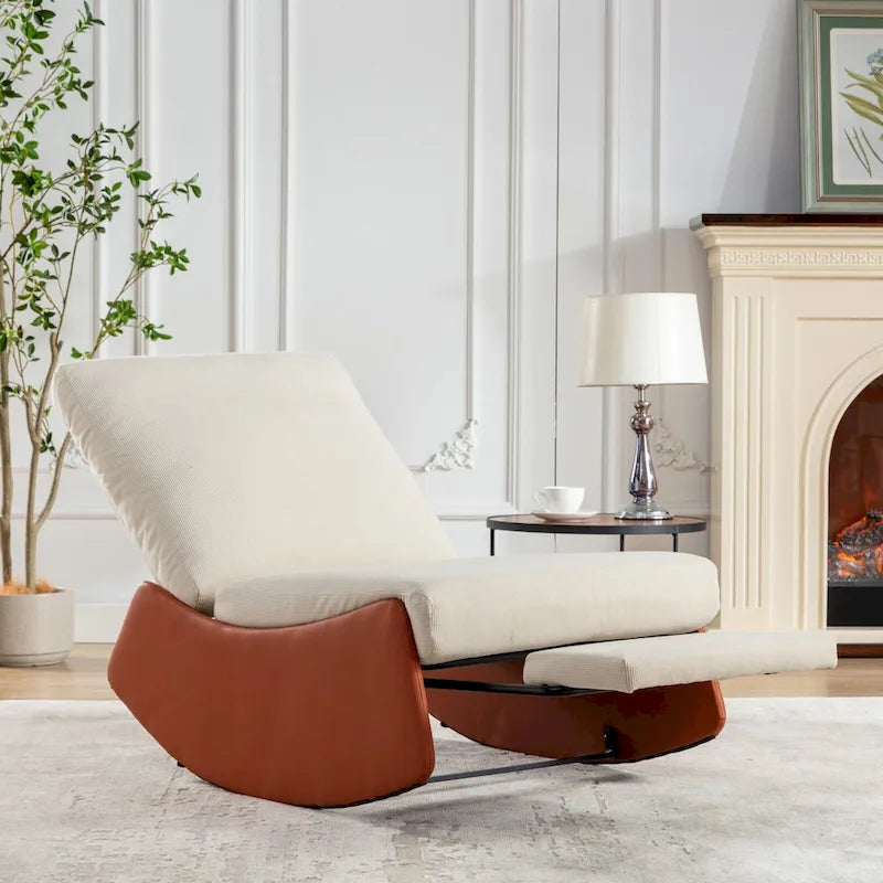 Moderner orange-beige gepolsterter Schaukel-Relaxsessel aus Cord mit Fußstütze und PU-Lederbein für Wohnzimmer und Schlafzimmer