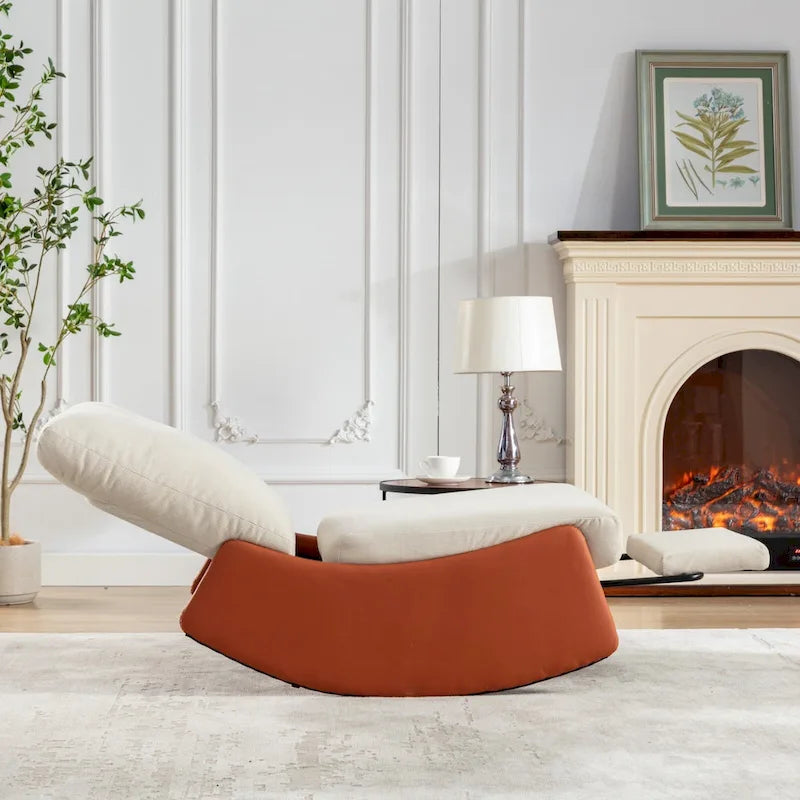 Fauteuil inclinable à bascule moderne rembourré en velours côtelé orange et beige, avec repose-pieds et pied en cuir PU, pour le salon ou la chambre