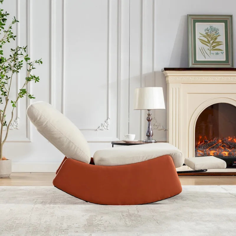 Fauteuil inclinable à bascule moderne rembourré en velours côtelé orange et beige, avec repose-pieds et pied en cuir PU, pour le salon ou la chambre