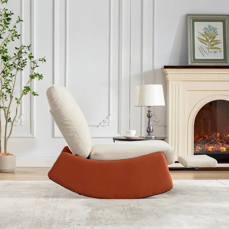 Fauteuil inclinable à bascule moderne rembourré en velours côtelé orange et beige, avec repose-pieds et pied en cuir PU, pour le salon ou la chambre