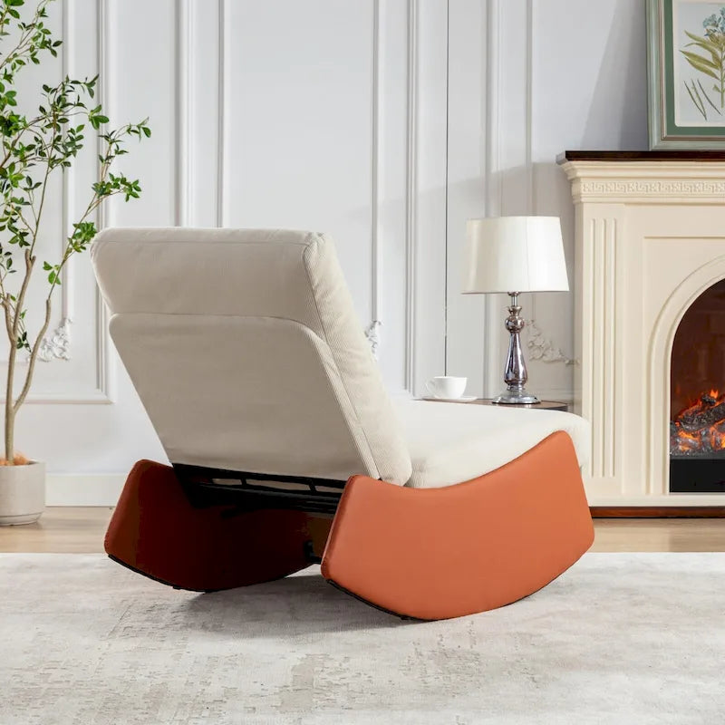 Fauteuil inclinable à bascule moderne rembourré en velours côtelé orange et beige, avec repose-pieds et pied en cuir PU, pour le salon ou la chambre