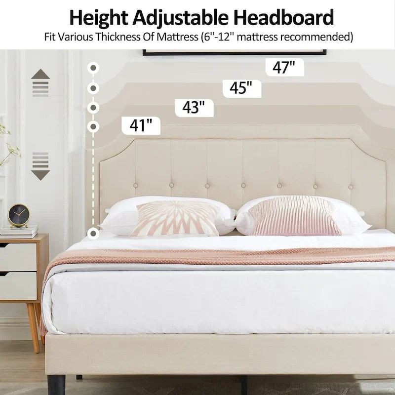 Upholstered Platform Bed Frame with Adjustable Headboard